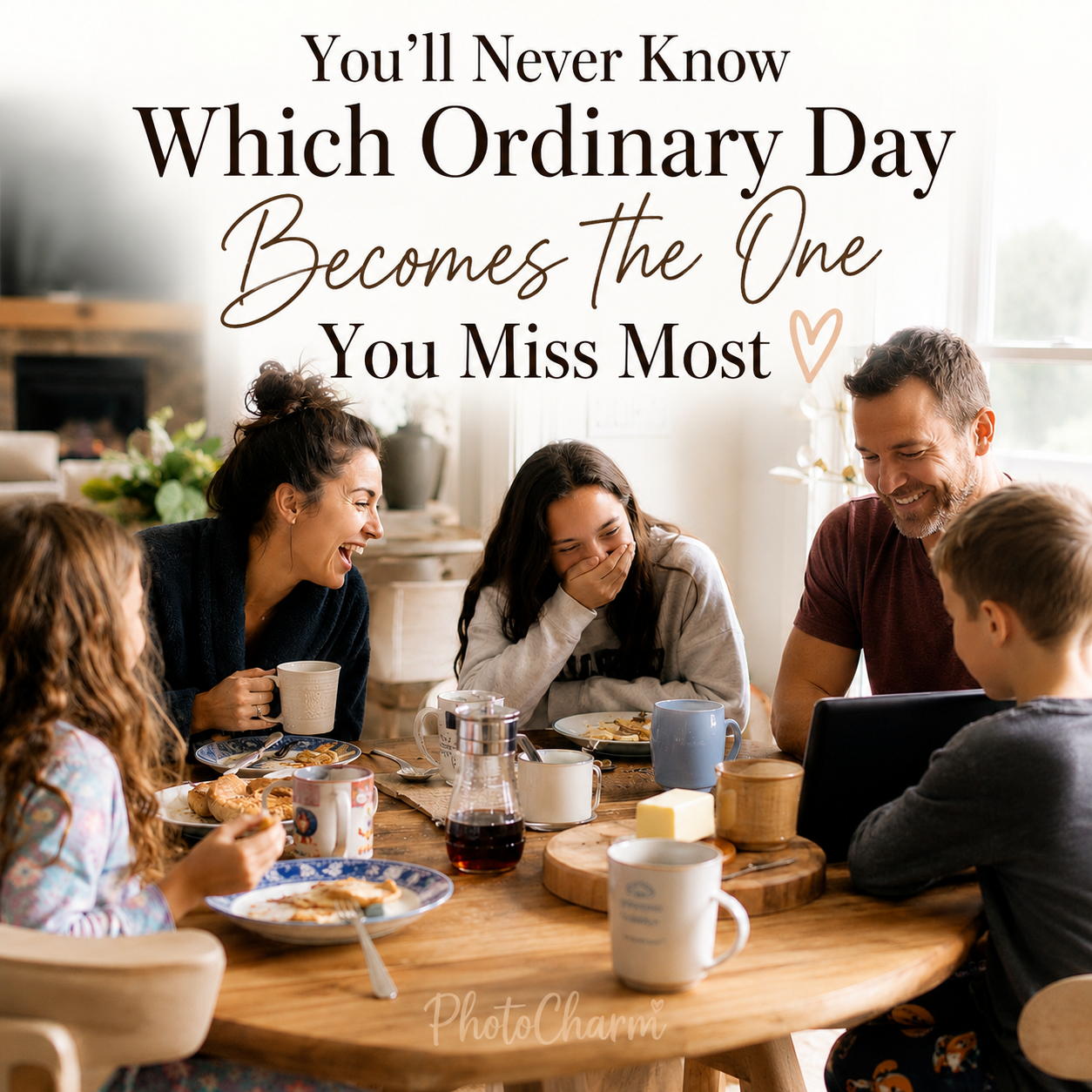 Family enjoying breakfast together, laughing around the kitchen table, representing everyday moments that become treasured lifelong memories and personalized photo keepsakes.