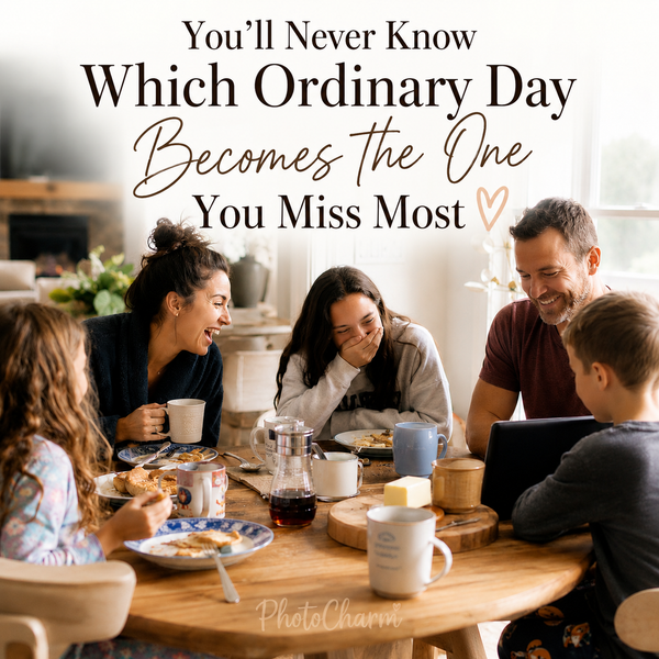 Family enjoying breakfast together, laughing around the kitchen table, representing everyday moments that become treasured lifelong memories and personalized photo keepsakes.