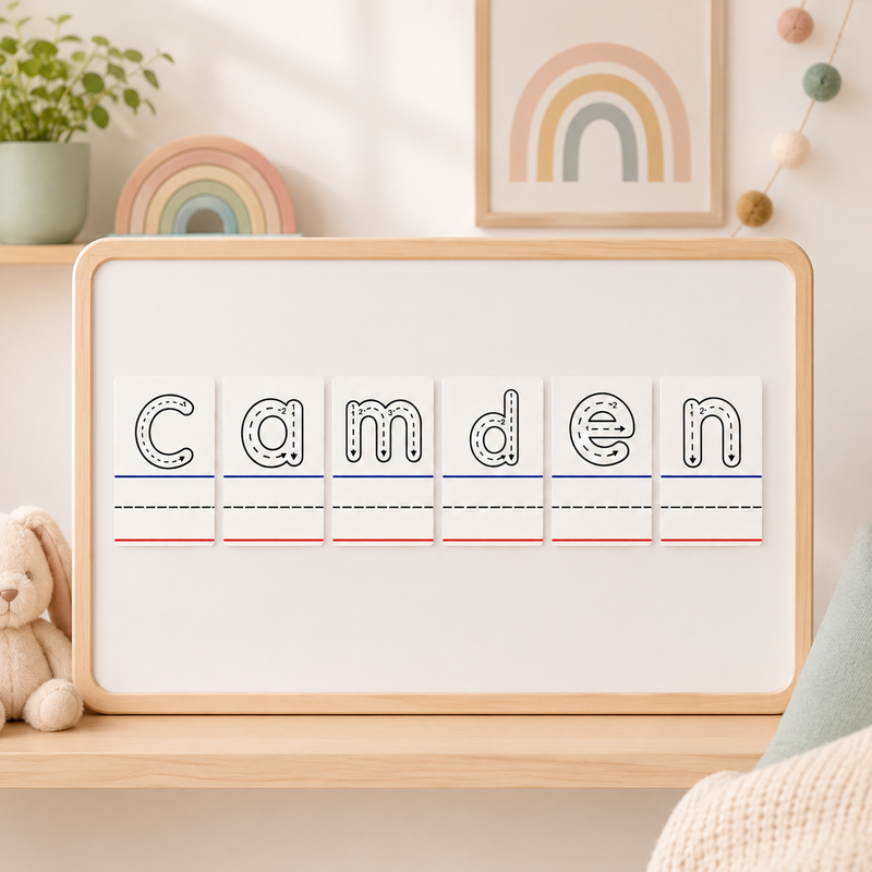 Personalized alphabet magnets displaying a child's name for homeschool, preschool, and early learning activities.