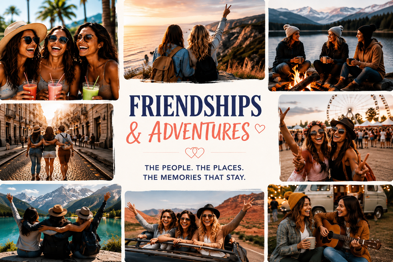 Friendships & Adventures collection featuring custom photo magnets inspired by girls trips, travel memories, college friendships, road trips, festivals, and meaningful moments shared with friends.