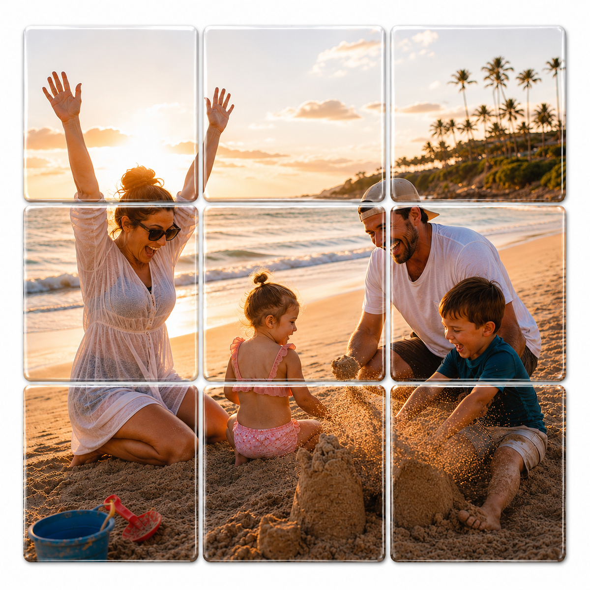Custom 9-piece family beach photo puzzle magnets featuring a joyful family at sunset. Mom celebrates with her hands in the air while the kids laugh and smash a sandcastle together. Personalized magnetic photo collage keepsake for family vacations, beach memories, and everyday moments displayed on the refrigerator.