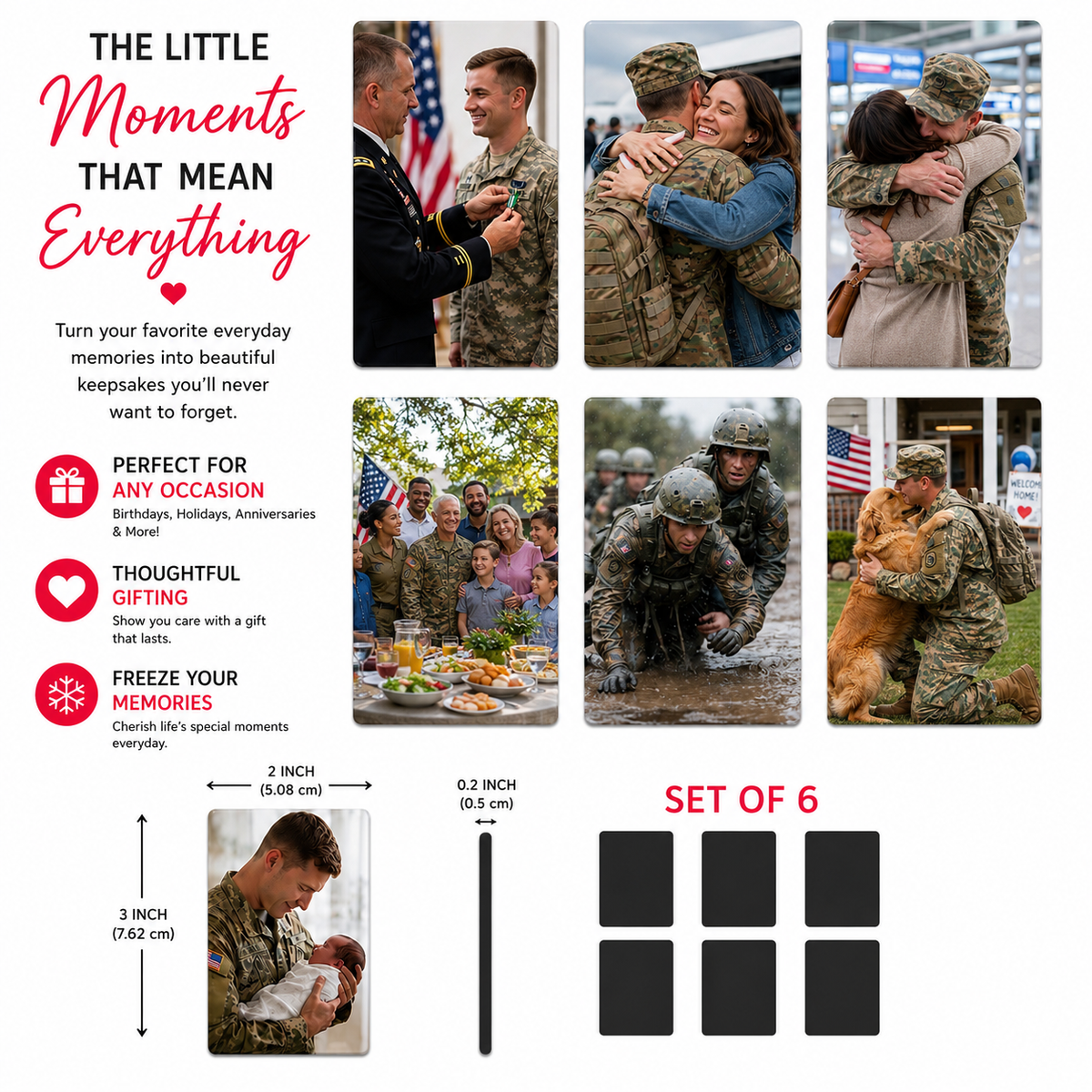 Military-themed personalized 2x3 photo magnets featuring a promotion ceremony, airport homecoming hugs, military family gathering, training exercise, soldier reunited with a golden retriever, and a father holding his newborn baby. Infographic shows glossy custom rectangle magnets, 2x3 inch size, 0.2-inch thickness, and a set of six personalized keepsake magnets for military families, deployments, homecomings, promotions, and meaningful memories.