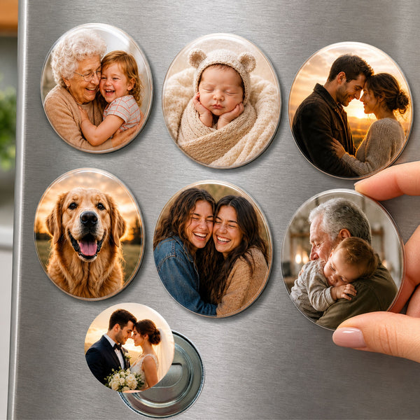Round custom photo bottle opener magnets displayed on a stainless steel refrigerator featuring family memories, newborn photos, grandparents, pets, weddings, best friends, and couples. Personalized magnetic bottle opener gift with vibrant photo printing for meaningful keepsakes.