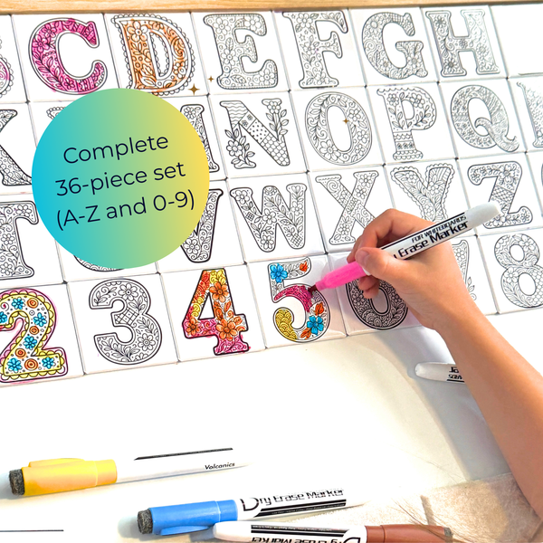 Reusable dry erase alphabet and number flash card set featuring all 26 letters and numbers 0–9 with detailed coloring designs. Child coloring a letter using dry erase markers, making this educational learning activity ideal for preschool, kindergarten, homeschooling, handwriting practice, and early literacy.
