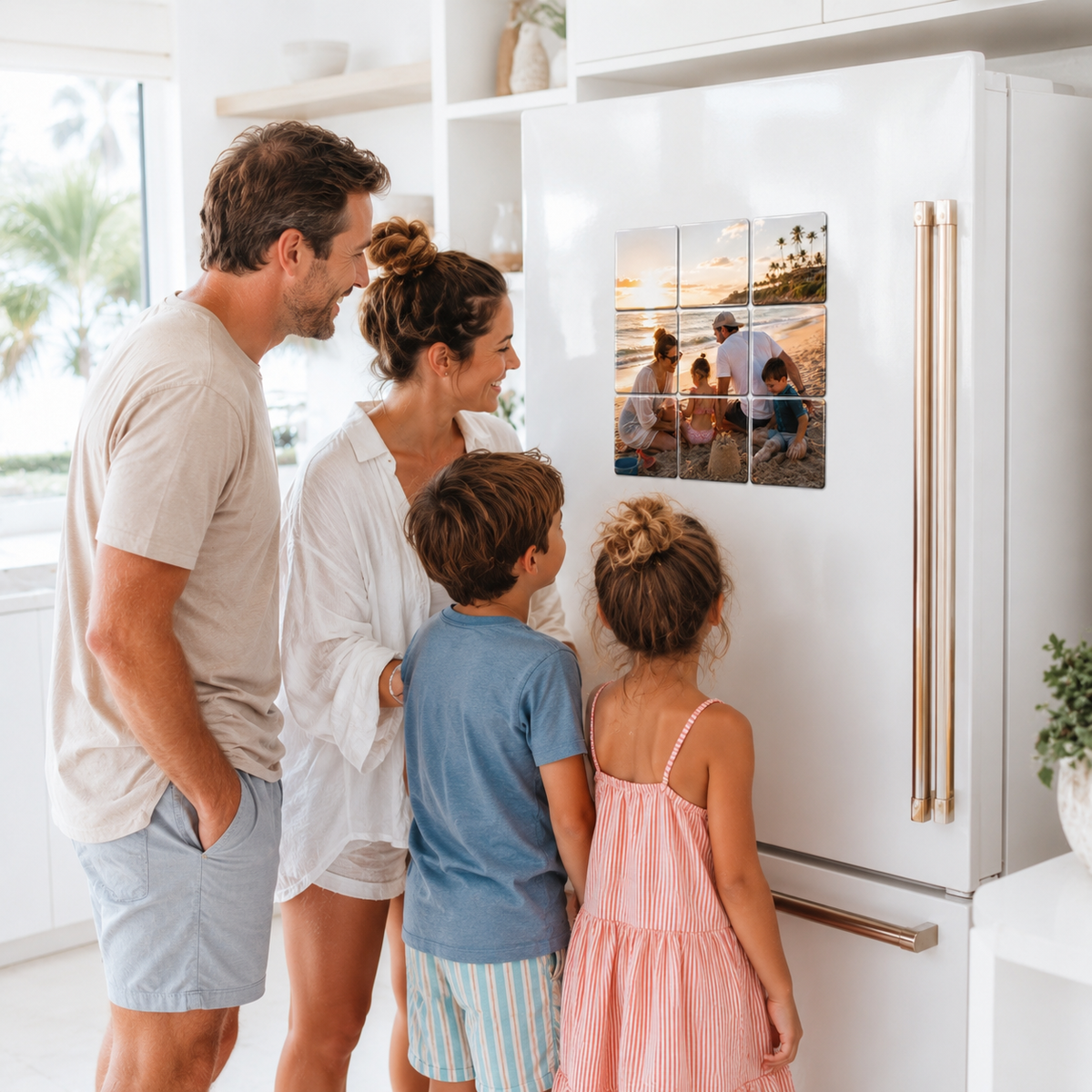 Family of four smiling together in a bright white modern kitchen while looking at personalized 9-piece beach photo magnets displayed on a luxury white refrigerator. Natural, candid summer lifestyle scene celebrating family vacation memories with custom photo magnets.