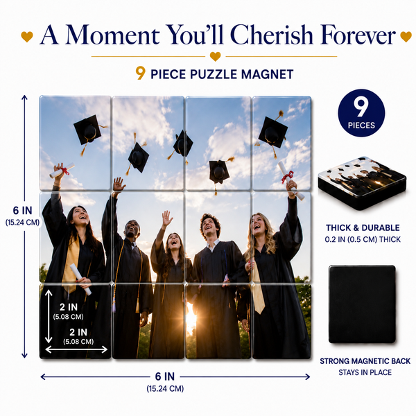 Size guide for personalized graduation photo puzzle magnets showing a 9-piece custom magnet set with 2 x 2 inch magnets, 6 x 6 inch completed display, 0.2 inch thickness, and strong magnetic backing. Personalized graduation keepsake gift for senior photos, college graduates, and graduation celebrations.