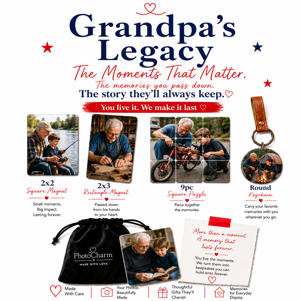 Grandfather teaching his grandson to fish with personalized photo magnets, custom keychains, and keepsakes celebrating everyday moments, traditions, and lasting family memories.