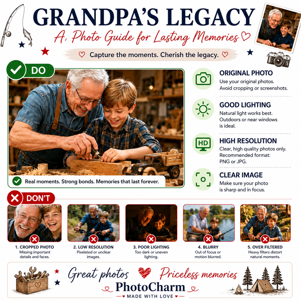 Grandpa’s Legacy photo guide featuring personalized photo magnets, custom keychains, puzzles, and keepsakes with tips for choosing high-quality photos to preserve everyday moments, family traditions, and lasting memories.