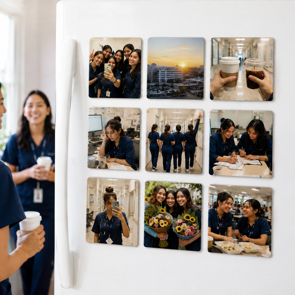 Personalized 2x2 photo magnets displayed on a refrigerator featuring authentic healthcare worker memories including nurse friendships, coffee breaks, hospital hallways, graduation, teamwork, and everyday moments. Custom picture magnets for nurses, nursing school graduates, medical professionals, coworkers, and meaningful healthcare appreciation gifts.