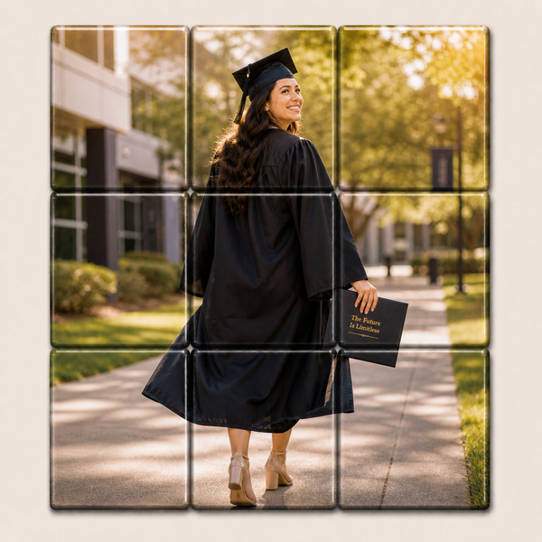9-piece personalized graduation photo puzzle magnets featuring a graduate walking across campus in cap and gown. Custom photo magnet keepsake for graduation memories, senior photos, college graduation gifts, and personalized celebrations.